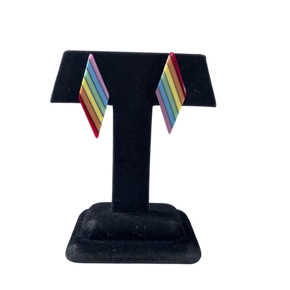 Vintage Rainbow Enamel Earrings Geometric 80s 90s Pierced